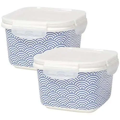 Now Designs Snack n Serve 5.75 Inch Porcelain Container with Lid, Set of Two, Waves Now Designs Snack n Serve 5.75 Inch Porcelain Container with Lid, Set of Two, Waves