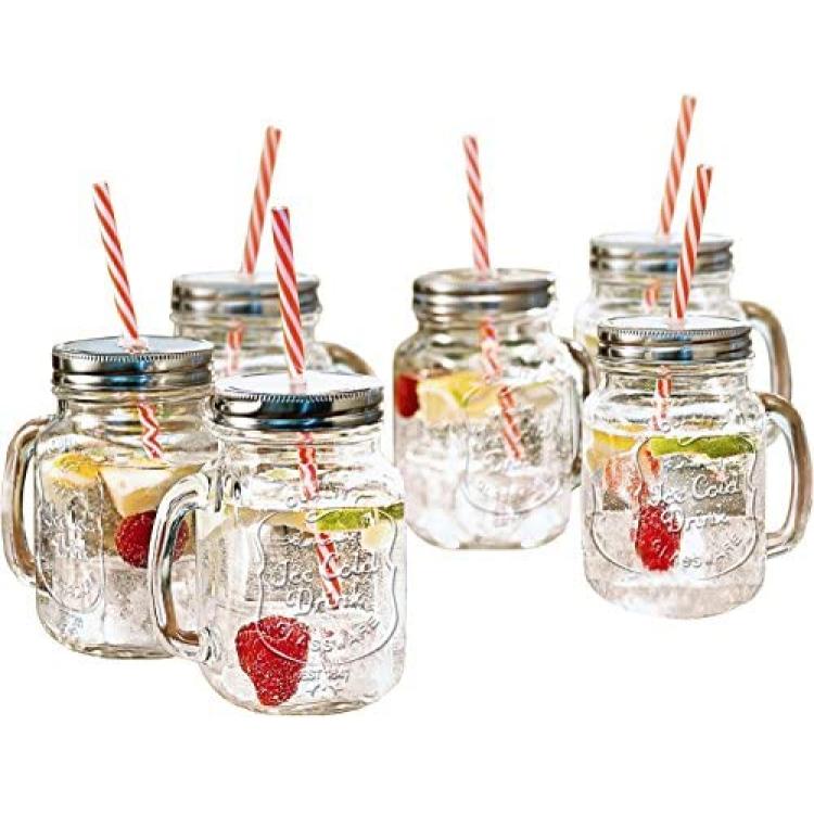 Vintage Mason Jar Mugs Glass Drinking Jars With Handles & Lids 16 oz Set of  6