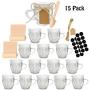 Syntic 15 Pcs 5 oz Glass Jars with with Handles and Lids, Small Mason Jars Yogurt Jars for Jam, Coffee, Spices, Gift Holder, Extra Chalkboard Labels, Tag String, 20 Disposable Wooden Spoons Included