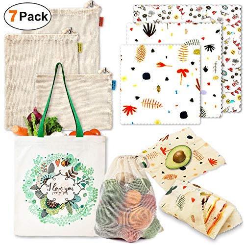 Organic Beeswax Food Wrap, Honey Bee Sustainable Eco Friendly Washable Wraps, Perfect for Kitchen Gifts&Storage(3 Bees Wrap,3 Reusable Produce Bags,1 Grocery Bag)