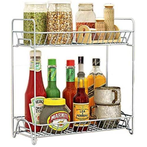 Spice Rack Organizer 2 Tier Rack Stainless Steel Spice Jars Bottle Stand Holder Kitchen Organizer Storage Kitchen Shelves Rack - Silver