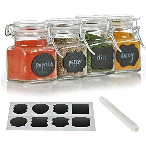 12 Pack - 3 Ounce Mini Clear Glass Spice Jar Container Set with Airtight Lids for Canning, Storage Jars for Tea, Spice, Kitchen Rack Glass Set w/Reusable Labels, Clear Containers for DIY Materials