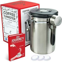 Stainless Steel Coffee Container by Java Whiz - 22oz Canister ? Bonus Ebook - Airtight Lid - CO2 Valve - Calendar Wheel - Storage for Whole Beans or Grinds- Scoop clips to side ? Large Durable Design