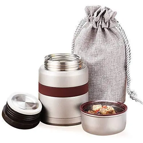 Insulated Stainless Steel Food Jar Lunch Box Thermos Food Storage Container with Lunch Bag and Portable Folding Spoon 350 ml (Grey)