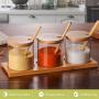 Condiment Container Seasoning Box Set Glass Condiment Canisters Pots with Wooden Spoon Lid and Base