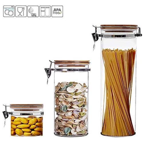 Onebrake Airtight wood lid Borosilicic glasses Canister Set, Food Storage Container Jars Set of 3 (0.5/1.2/2.0 L)