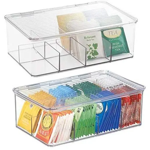 Organisateur en plastique transparent mDesign - 2 Lot - Pour Sachets de Thé, Tasses, Pods, Paquets, Accessoires pour Condiments. Organisateur en plastique transparent mDesign - 2 Lot - Pour Sachets de Thé, Tasses, Pods, Paquets, Accessoires pour Condiments.