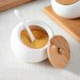 Ceramic condiments jar household seasoning box wooden tray spice jar soy sauce pot salt sugar single can kitchen seasoning tool,1pcs1
