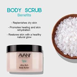 Avani Ultra Rich Body Butter - Dead Sea Salt, Aloe Vera, Vit E, Shea, Jojoba, Sunflower, Olive Essential Oil - Natural Exfoliating Scrub - Milk/Honey