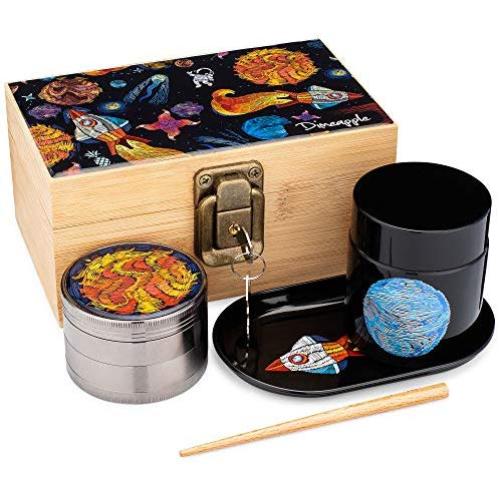 Lost in Space Stash Box Combo, Christmas Gift, 4 Part Herb Grinder, UV Glass Stash Jar (100 ml), Rocket Tray, Poking Tool, Locking Stash Box Set - Astronaut Smell Proof Container Accessories Set