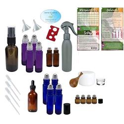 Essential Oil Supply Kit - Purple, Blue, Amber Roller Bottles, Cream Jars, Spray and Dropper Bottles, Funnels, Bottle Cap Remover, Pipettes, Spoon, Dilutions Chart (Deluxe 3)