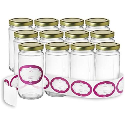 Pack of 12 - Glass Round 12 Oz Jars with Gold Lids and Labels Perfect for Home Canning, Pickling, Gifts, Presentation, Baby Showers, Baby Food Storage, Wedding Favors, Juicing, Housewarming, Pantry