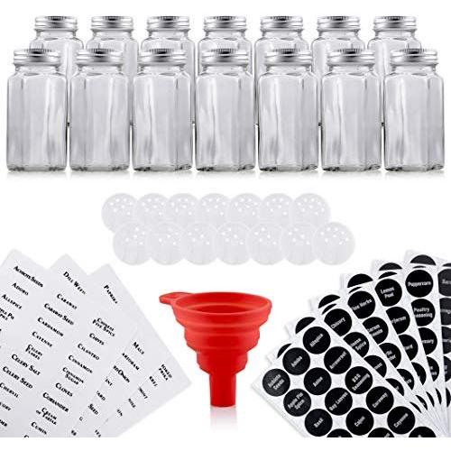 14 Glass Spice Jars Set with Airtight Aluminum Lids | Includes 14 Empty Square Bottles, 239 Labels, and 1 Collapsible Kitchen Funnel | Complete Storage Kit for Spices and Herbs (4oz Containers)