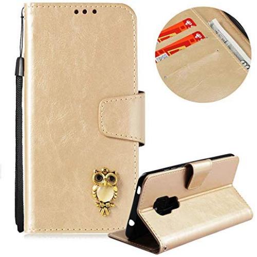 Soft PU Leather Wallet Case for Huawei Mate 20,Flip Stand Case for Huawei Mate 20,Moiky Classic Retro Gold 3D Owl Design Solid Color Purse Folio Magnetic Cover with Wrist Strap