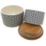 Gastro Chic Ikat Connected Stars Kitchen Jars, Set of 2, For Cookies, Dry Goods, Canisters, White Glazed Ceramic, Wooden Tops, Rustic Golden Bronze and White, 6 1/4 and 5 Inches Diameter