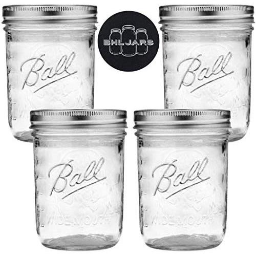 Ball Wide Mouth Mason Jars 16 oz Bundle with Non Slip Jar Opener- Set of 4 Half Quart Mason Jars - Canning Glass Jars with Lids