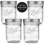 Ball Wide Mouth Mason Jars 16 oz Bundle with Non Slip Jar Opener- Set of 4 Half Quart Mason Jars - Canning Glass Jars with Lids