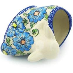 Polish Pottery 4?-inch Bunny Shaped Jar (Bold Blue Poppies Theme) Signature UNIKAT + Certificate of Authenticity