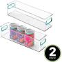 mDesign Plastic Stackable Food Storage Container Bin with Handles for Kitchen, Pantry, Cabinet, Fridge, Freezer - Long Narrow Organizer for Snacks, Produce, Vegetables, Pasta - 2 Pack - Clear/Blue
