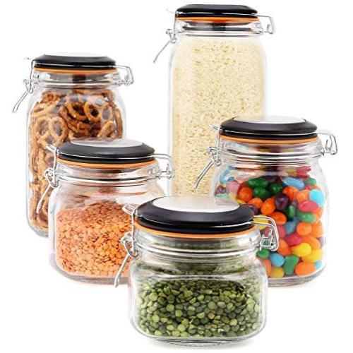 EatNeat Set of 5 Clear Glass Airtight Kitchen Canisters and Canning Jars with Bail & Trigger Hermetic Seal Clamp Lids | 68-51-34-27-17 oz. (Black Lid)