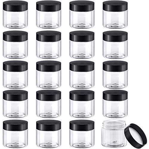 20 Pieces Round Pot Jars Plastic Cosmetic Containers Set with Lid for Liquid Creams Sample (Black Lid, 60 ml/ 2 oz)