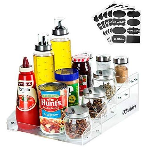 TBwisher Acrylic Spice Rack Organizer - 4 Tiers Kitchen Seasoning Shelf Stand Holder ＆ 40 pieces Storage Stickers Labels for Spice Jars (Acrylic)