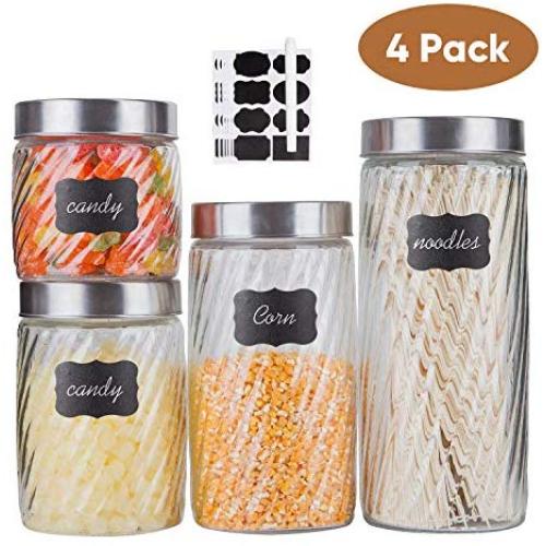 Glass Kitchen Storage Canister Jars Glass Mason jars with Stainless Steel Lids and 8 Labels & 1 Chalk Marker For The Kitchen-27/44/57/71 OZ.(4-pack Assorted-Diagonal Stripes)