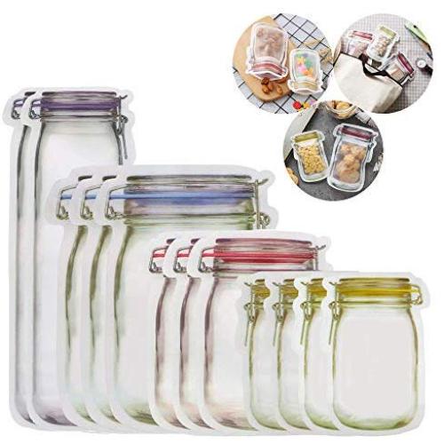 Reusable Ziplock Snack Bags, 12 pcs Cute Mason Jar Pattern Food Storage Zipper Bags, Reusable Sandwich Bags Dishwasher Safe for Kitchen Picnic Camping Organizer (Tallx2+Lx3+Mx3+Sx4)