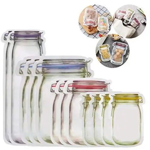 Wiederverwendbare Ziplock-Snackbeutel, 12 Stück, Niedlicher Fassbeutel mit Glaseffekt, Wiederverwendbare Sandwichesäcke, Geschirrspülergeeignet für Küche, Picknick, Camping, Organizer (Hoch x 2 + Lang x 3 + Mett x 3 + Breit x 4)
