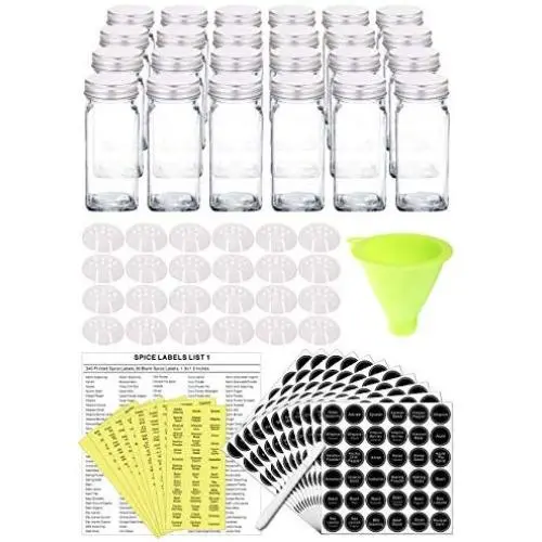 24 Glas Gewürzgläser mit 801 Gewürzlösungen, KreideMarker und Schöpfliede Set. 4OZ Rechteckige Gläser, Luftdichte Deckel, Schöpfliede-Besteck.