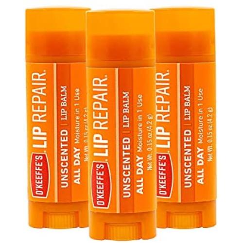 OKeeffes Unscented Lip Repair Lip Balm for Dry, Cracked Lips, Stick, (Pack of 3)