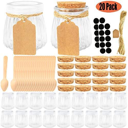 Folinstall 20 Pcs 4 oz Glass Jars with Lids - Yogurt Container - Yoghurt Jars for Jam, Spices, Gift Holder. Extra 20 Cork Lids, Chalkboard Labels, Tag Strings and 20 Wooden Spoons Included