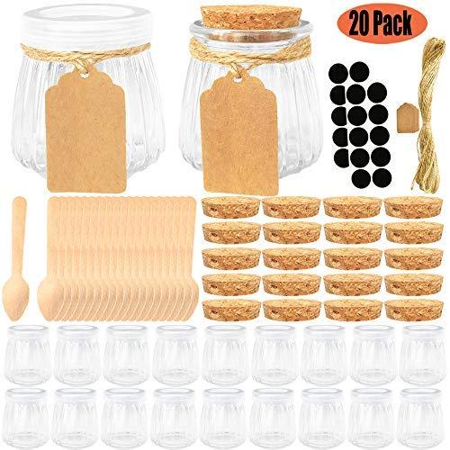 Folinstall 20 Pcs 4 oz Glass Jars with Lids - Yogurt Container - Yoghurt Jars for Jam, Spices, Gift Holder. Extra 20 Cork Lids, Chalkboard Labels, Tag Strings and 20 Wooden Spoons Included