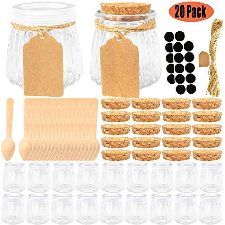 Folinstall 20 Pcs 4 oz Glass Jars with Lids - Yogurt Container - Yoghurt  Jars for Jam, Spices, Gift Holder. Extra 20 Cork Lids, Chalkboard Labels,  Tag Strings and 20 Wooden Spoons Included