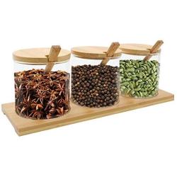 Set of 3 Glass Spice Jars Seasoning Canister Set Salt Sugar Spice Pepper Condiment Container Kitchen Seasonings Tools With Bamboo Spoons Bamboo Lids