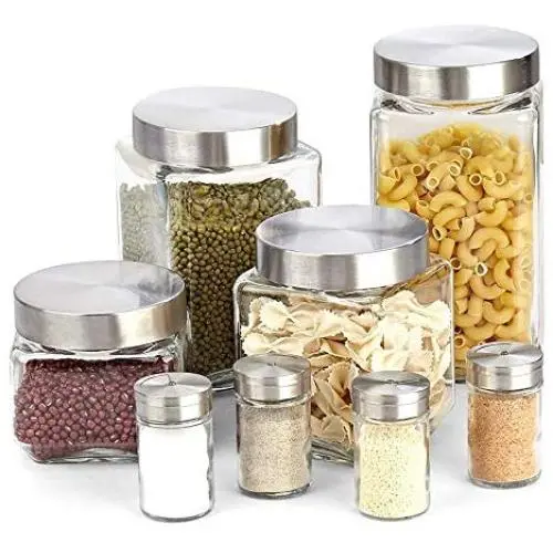 8 Piece Square Glass Canister and Spice Jar Set with Lids 8 Piece Square Glass Canister and Spice Jar Set with Lids