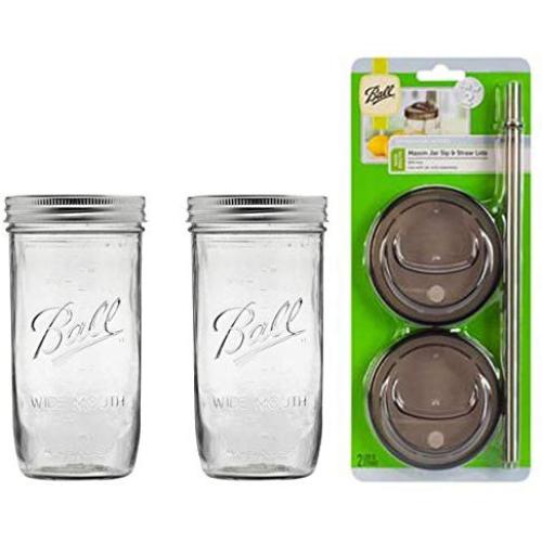 2 Glass Mason Drinking Jars with 2 Sip and Straw Lids (2, 24oz Jar)