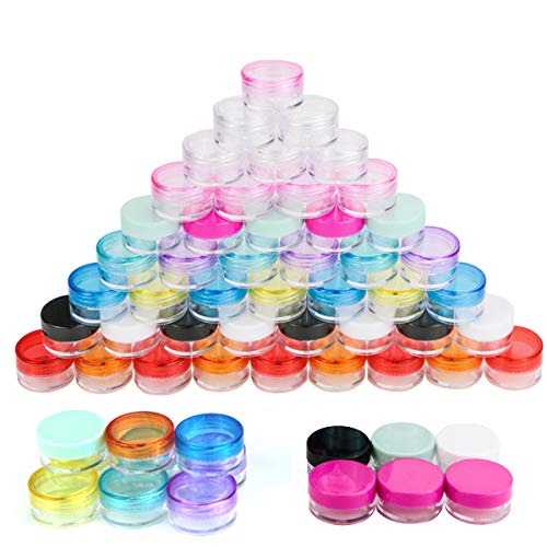 Pralb 60PCS 5 Gram Empty Cosmetic Containers, Round Cosmetic Sample Pots Jars Makeup Containers With Multi Color Top Lids Plastic Sample Eye Shadow, Nails, Powder, Gems, Jewelry, Cream (Five Color)