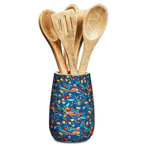 Colorful Mango Wood Cooking Utensil Holder for Kitchen Countertop (5 x 7 In)