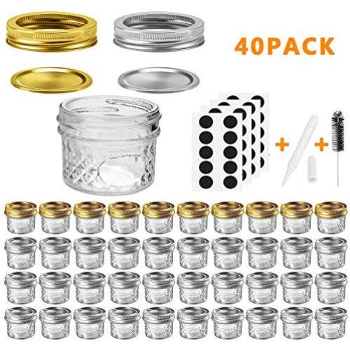 Mason Jars Canning Jars, 4 OZ Jelly Jars With Regular Lids and Bands, Ideal for Jam, Honey, Wedding Favors, Shower Favors, Baby Foods, DIY Magnetic Spice Jars, 40 PACK By SPANLA