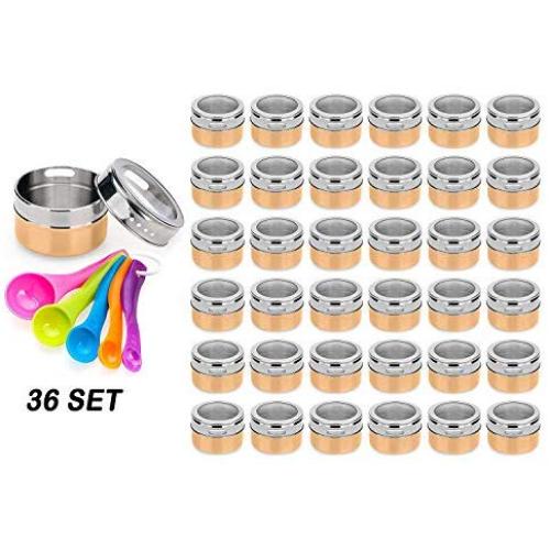 Stainless Steel Magnetic Spice Jars - Bonus Measuring Spoon Set - Airtight Kitchen Storage Containers - Stack on Fridge to Save Counter & Cupboard Space (Set of 36 PCS - Gold)