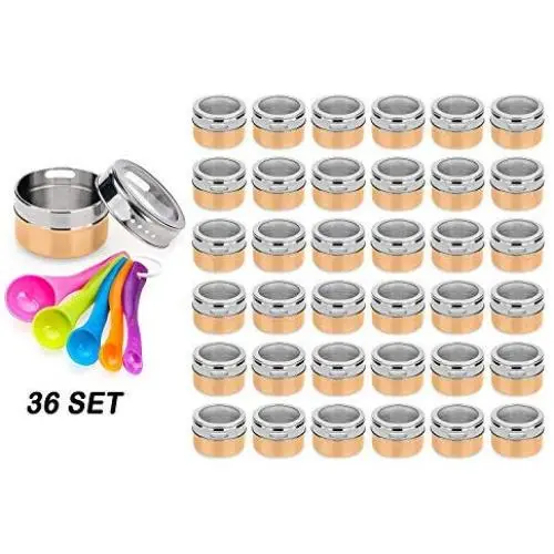 Bouteilles à épices en acier inoxydable avec couvercle hermétique - Jeu de cuillères doseuses bonus - Rangement de cuisine empilable pour économiser l'espace d'étagère (Set de 36 pièces - Or) Bouteilles à épices en acier inoxydable avec couvercle hermétique - Jeu de cuillères doseuses bonus - Rangement de cuisine empilable pour économiser l'espace d'étagère (Set de 36 pièces - Or)