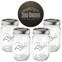 Ball Mason Jars 16 oz Bundle with Non Slip Jar Opener- Set of 4 16 Ounce Size Mason Jars with Regular Mouth - Canning Glass Jars with Lids, Heritage Collection