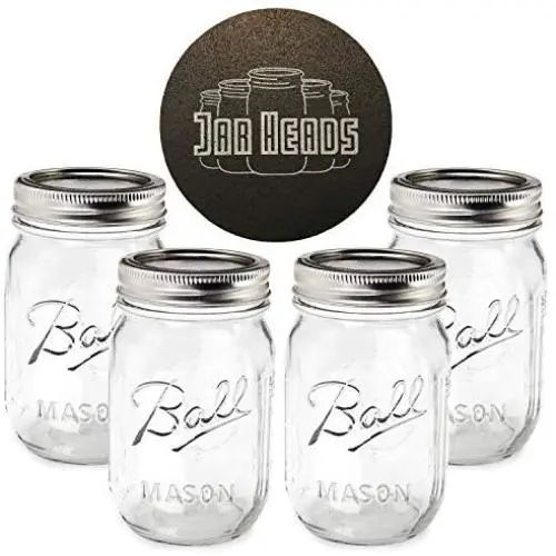 Ball Mason Jars 16 oz Bundle with Non Slip Jar Opener- Set of 4 16 Ounce Size Mason Jars with Regular Mouth - Canning Glass Jars with Lids, Heritage Collection
