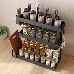 3-Tier Spice Rack Standing Kitchen Countertop Storage Organizer, Spice Bottle Jars Rack Holder Knife Utensil Cutting Board Holders -Space Saving Seasoning Shelf Holder, Black (3 Lengths for Choice)