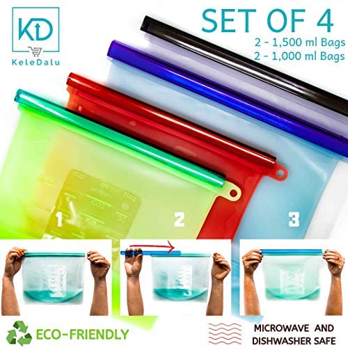 Silicone Food Storage Bags - Set of 4 - Reusable Silicon Freezer Bag - Ziplock Plastic Baggie Alternatives - Ziptop Sandwich, Lunch, Snack, Kitchen Baggies - Large Reuseable Containers for Camping