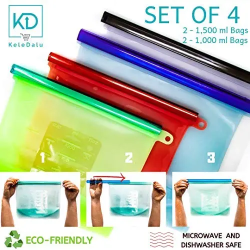 Silikonspeisebehälter - Set von 4 - Wiederverwendbare Silikon-Gefrierbeutel - Alternative zu Ziplock-Plastiktüten - Ziptop-Beutel für Sandwiches, Mittagessen, Snacks, Küche - Wiederverwendbare Behälter für Camping