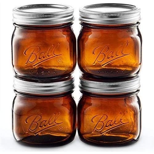 Ball Amber Glass Wide Mouth Mason Jars (16 oz/Pint) 4 Pack. With Airtight lids and Bands - Amber Canning Jar - UV light Protection - Microwave & Dishwasher Safe. 