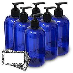 Baire Bottles -16 Ounces Blue Plastic Refillable Bottles with Black Lotion Pumps - Organize Soap, Shampoo and Lotion - PET, Lightweight, No BPA, 6 Pack, including 6 Damask Labels