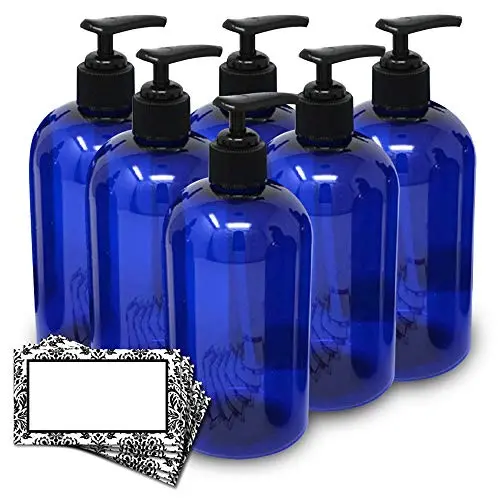 Baire-Flaschen - 16 Unzenblaue, wiederbefüllbare Kunststoffflaschen mit schwarzen Lotionpumpen – Organisieren Sie Seife, Shampoo und Lotion – PET, leicht, BPA-frei, 6er-Pack, inklusive 6 Damask-Etiketten